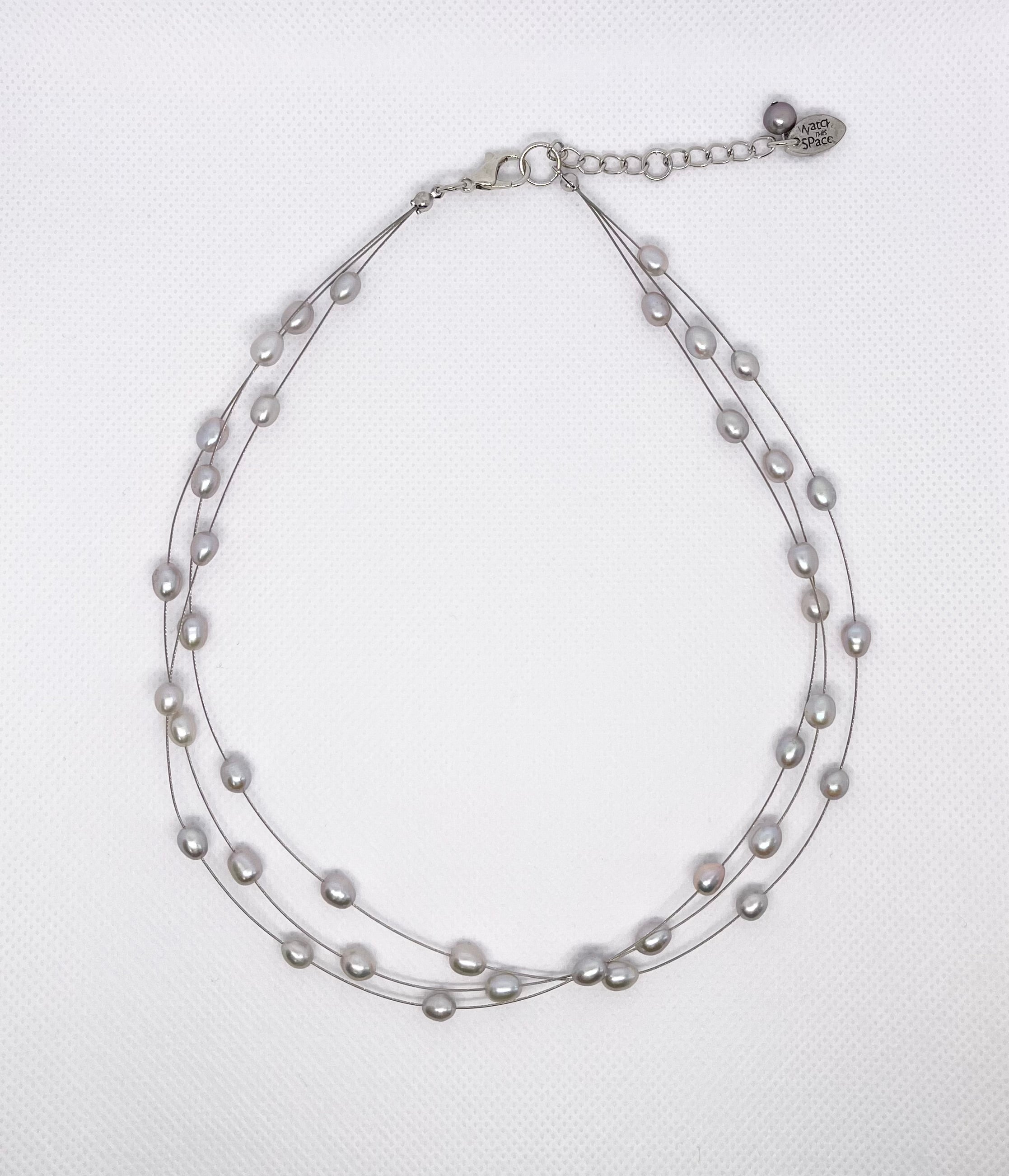 Silver Triple Strand Freshwater Rice Pearl Necklace (Copy)