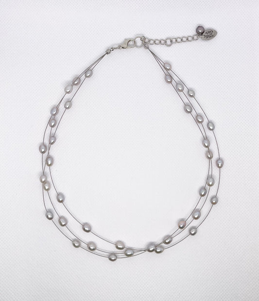 Silver Triple Strand Freshwater Rice Pearl Necklace (Copy)